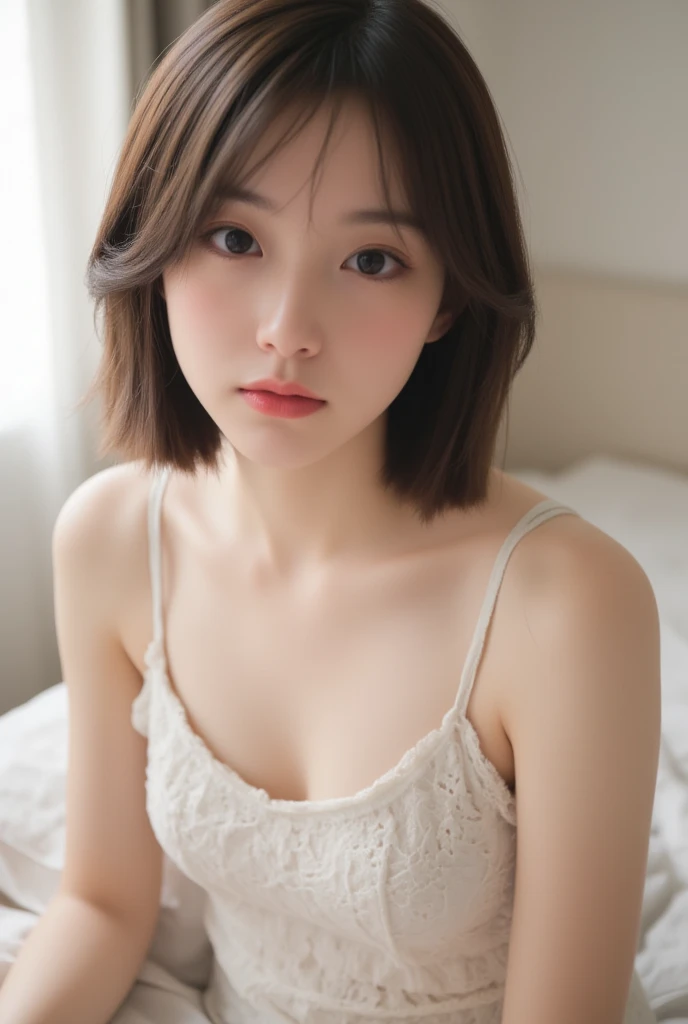 Highest quality, (beautiful)、beautiful女性、、Precision Eyes、Looking into the camera、Straight medium hair、short hair、Hotel room、Completely naked、Completely exposed breasts、Upper Body、Black see-through sexy lingerie、
