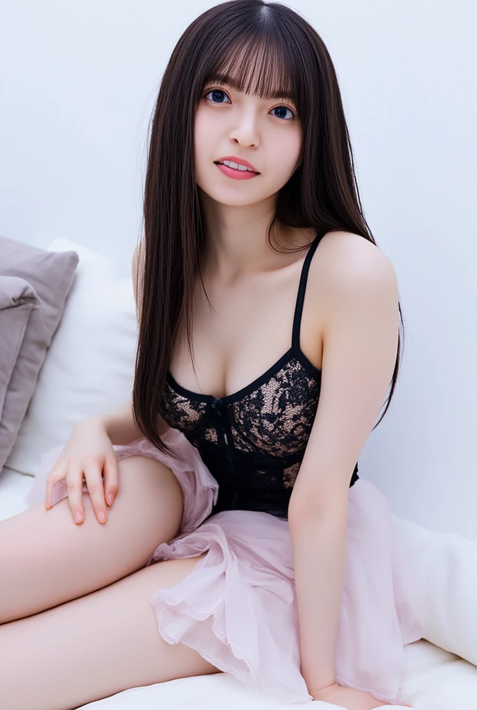 product quality, 1girl, full body shot, composition looking subject up from below, a young pretty woman, hyper pretty face, long bob hair, lying on her back on a silk bed, shiny satin light chemise with laces, small and perky breasts, sexy body, glossy lips, glamorous figure, spreading legs on the silk bed, silk pillow, silk bed sheets, double eyelids in both eyes, natural makeup, long eyelashes, shiny smooth light brown hair of long bob, asymmetrical bangs, tanned skin, central image, high resolution, high detail, detailed hairstyle, detailed face, spectacular cinematic lighting, octane rendering, vibrant, hyper realistic, perfect limbs, perfect anatomy