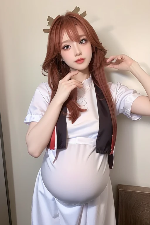 masterpiece, high quality, best quality, one girl, pregnant,big belly, red hair, long braided hair, golden eyes , middle chest, black tied shirt, plaid mini skirt, black lace, sweatshirt, stockings, makeup, blush, goth, moaning