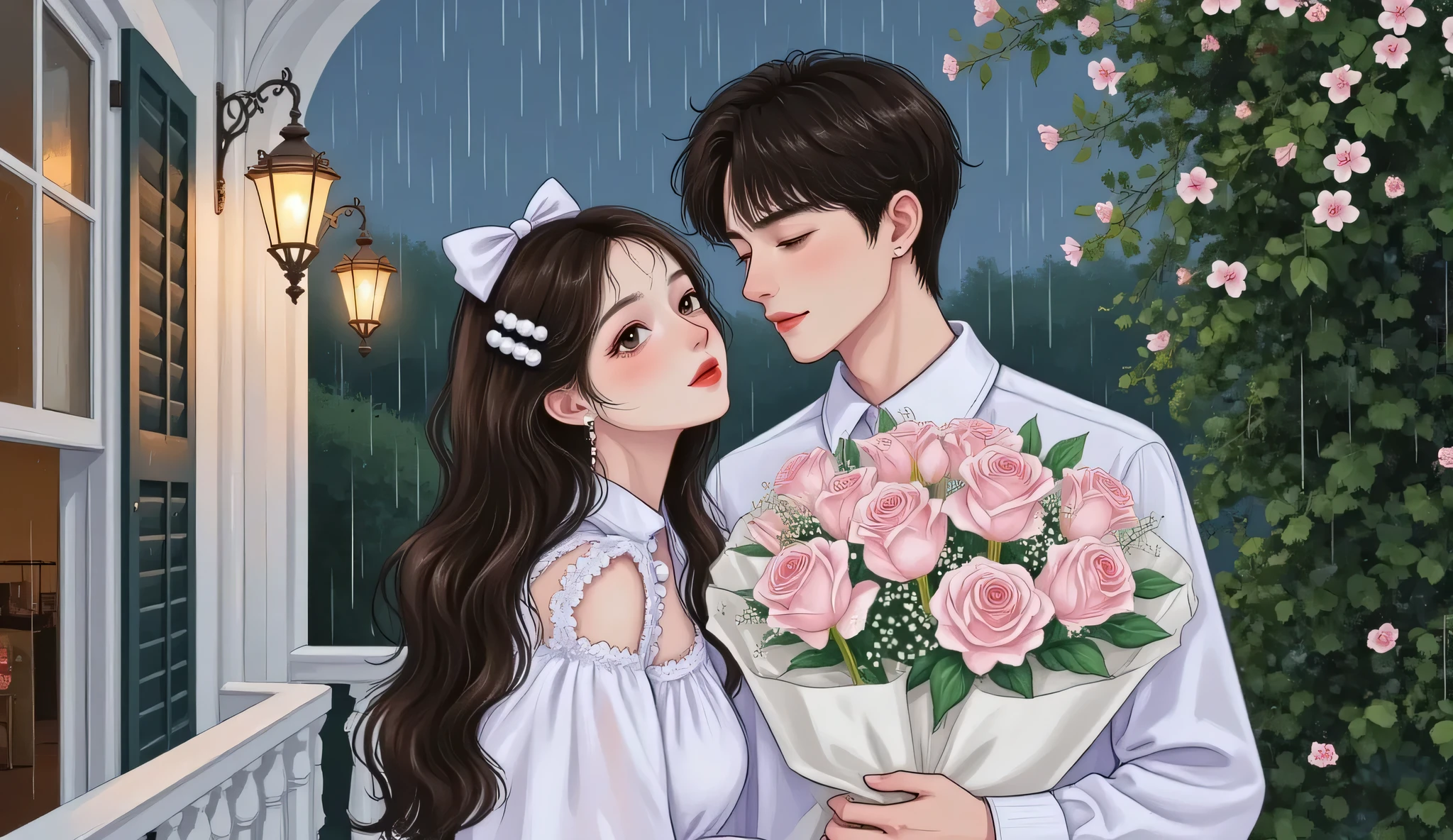 a cold rich girl in a white dress standing under a porch, looking down with a distant gaze, next to her is a handsome rich boy with an aloof expression, both with close-up composition (closer to face), background: luxurious mansion, dramatic lighting, semi-realistic manhwa style, douyin makeup, emotional tension, raining outside --v 6 --ar 3:4 --style manhwa --style semi-realistic