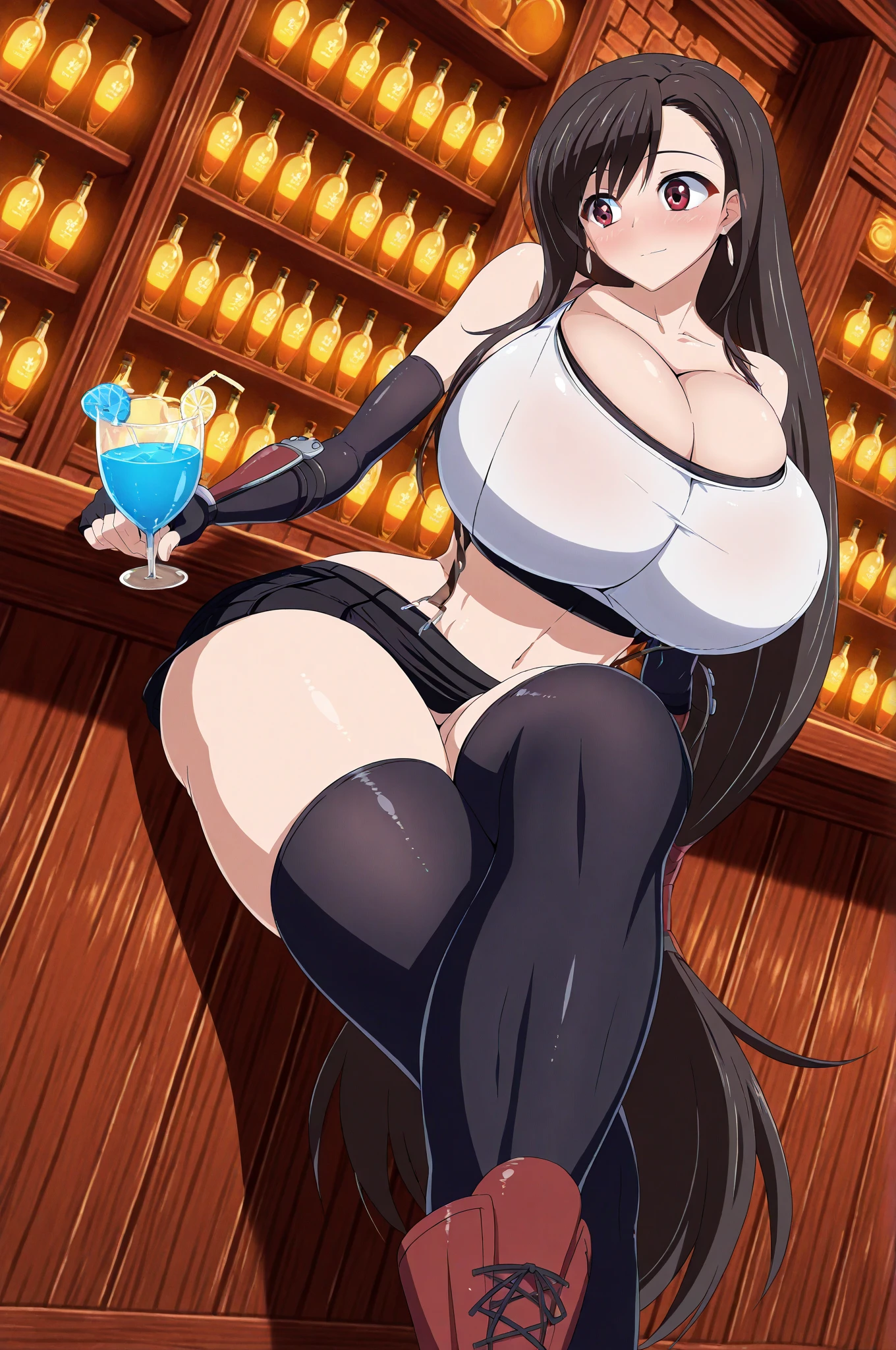 (masterpiece, best quality:1.4), absurdres, highres, high resolution, very aesthetic, detailed, ultra detailed, extremely detailed, insanely detailed, 8k wallpaper, official art, extremely detailed beautiful girl, extremely detailed face, extremely detailed eyes, extremely detailed skin, perfect anatomy, 1girl, (milf, mature female:1.5), gold eyes, mole under eye, very long black hair, (straight hair:1.5), (glistening skin, shiny skin:1.5), (thicc:1.5), (gigantic breasts:1.5), (gigantic ass:1.5), (thick thighs:1.5), black lace choker, (black lace revealing evening dress, pelvic curtain, deep slit, sleeveless, crop top navel, highleg, black thong, no panties), (see-through nipples:1.1), (see-through pussy:1.1), (pubic hair:1.3), (cameltoe:1.3), cleavage, (covered huge nipples:1.3), (areola slip), skindentation, (lace long gloves), right thigh strap, silver ring, glass of wine, grin, look at viewer, standing posture, (cowboy shot), nsfw, night bar