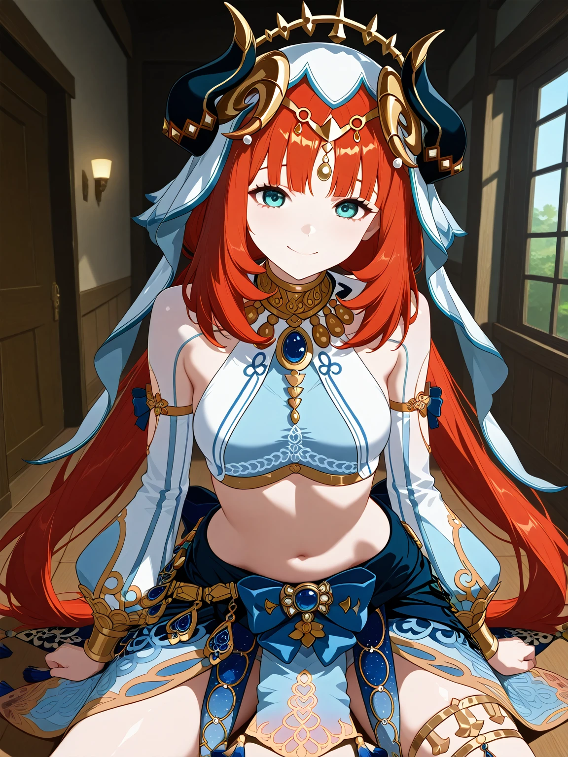 high quality,4K resolution,Very detailed,Realistic,professional,High Dynamic Range,Extreme Details,Private house,Babyface,Blow jobチオ,Blow job,Beautiful Eyes,aanilou, long hair, red hair, low twintails, horns, white veil, aqua eyes, medium breasts, harem outfit, gold trim, jewelry, neck ring, brooch, crop top, long sleeves, detached sleeves, midriff, blue bow, blue skirt, thighlet,anime screenshot,solo,1girl,looking at viewer,smile,Blow jobチオ,faithfully reproduce clothes,E cup,climax,Open your eyes,Red face,I'm ashamed,rough breathing,Erotic,Panting,Uncorrected