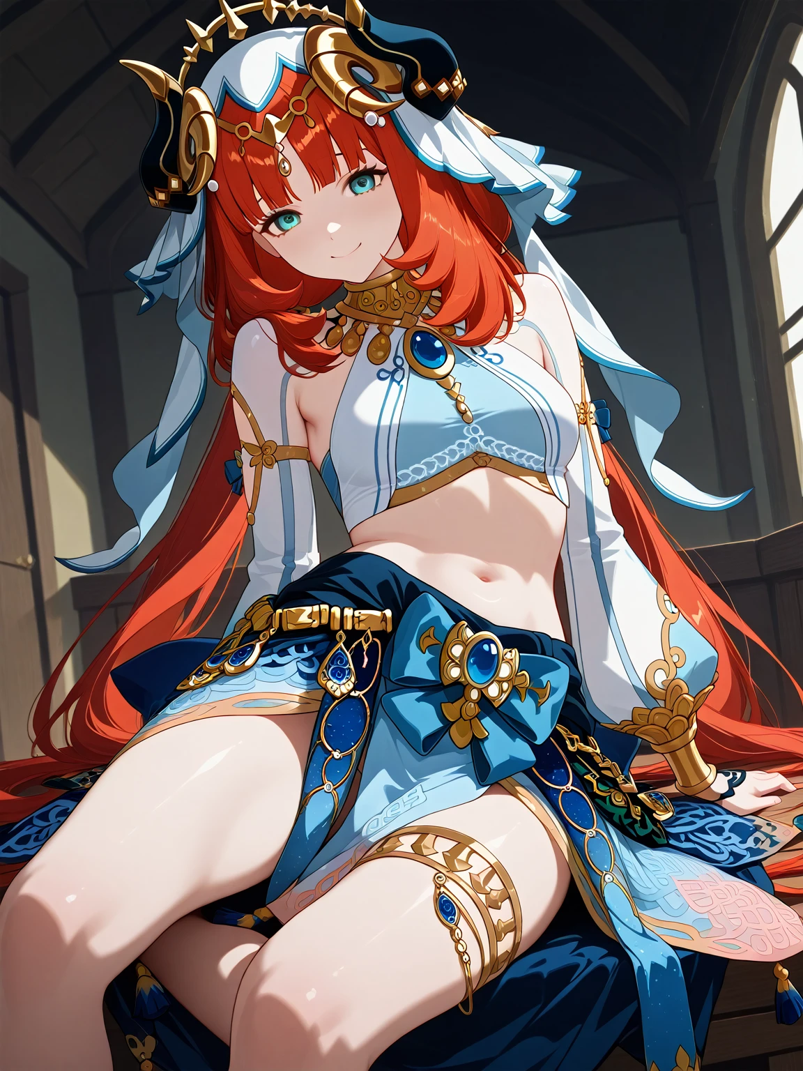 (Masterpiece), Best quality, yeux expressifs, visage parfait,Session W, w assis par terre, bras entre les jambes, les deux bras entre les jambes, anime character,Impact de Genshin,femme,Nilou (Impact de Genshin),grosse poitrine, bonne poitrine,mains entre les jambes, H-cup, grosses cuisses