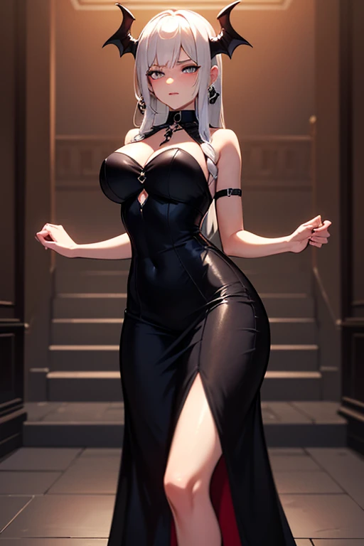 Hot sexy beautiful cute milf, black tight knit dress,long big chandelier earrings,big breasts,  lipstick,makeup,white hair,hair bun,two falling hair strands,blush, full body 