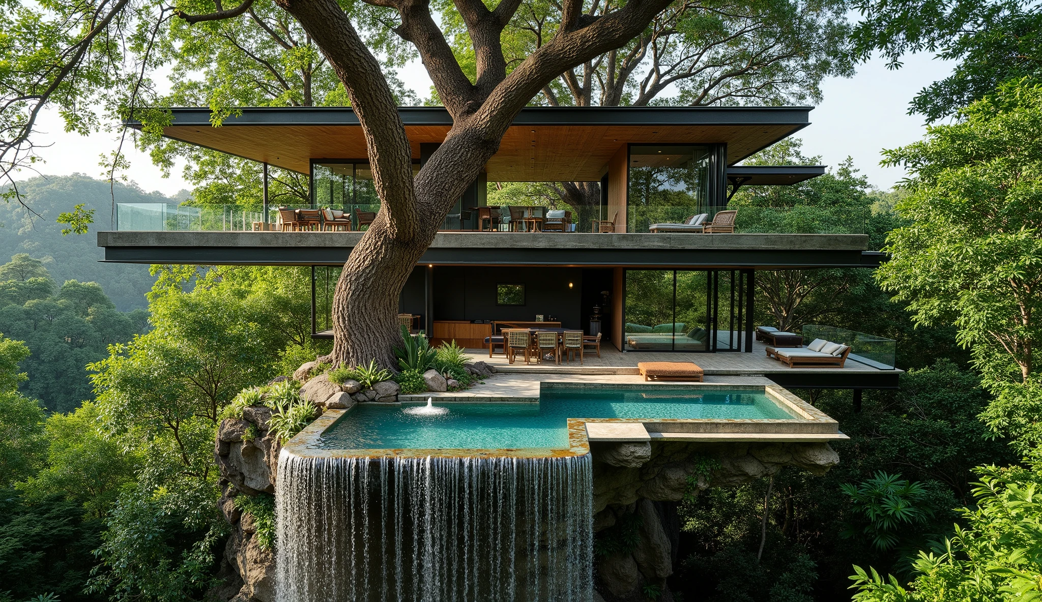 treehouse、A modern mansion standing on a giant tree、There is a luxurious pool、A waterfall cascades down from natural bedrock、