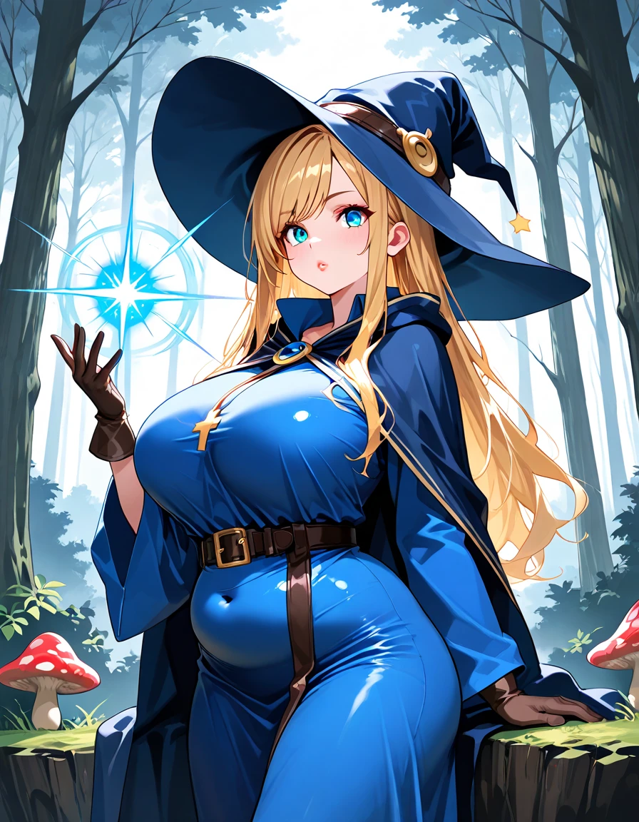wizard girl, anime style, wizard hat, light blue wizard hat, stars and moons on the hat, dragon wings, black dragon wings, full body