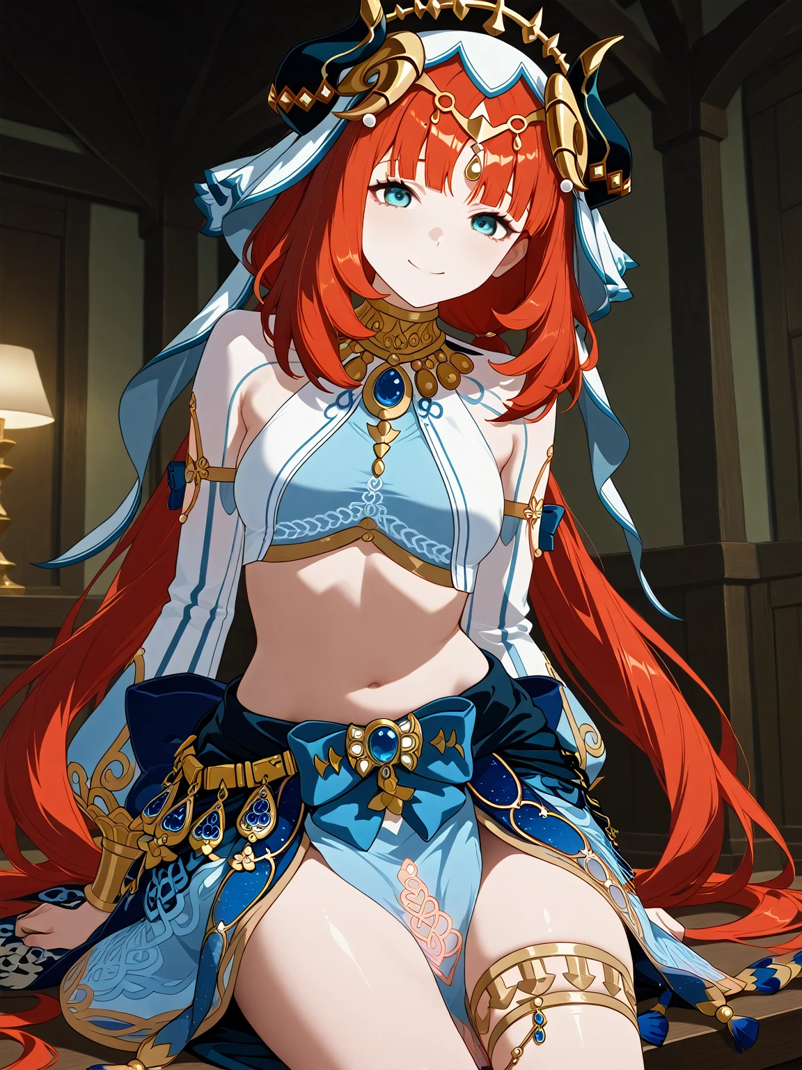 (Masterpiece), Best quality, yeux expressifs, visage parfait,Session W, w assis par terre, bras entre les jambes, les deux bras entre les jambes, anime character,Impact de Genshin,femme,Nilou (Impact de Genshin),grosse poitrine, bonne poitrine,mains entre les jambes, H-cup, grosses cuisses