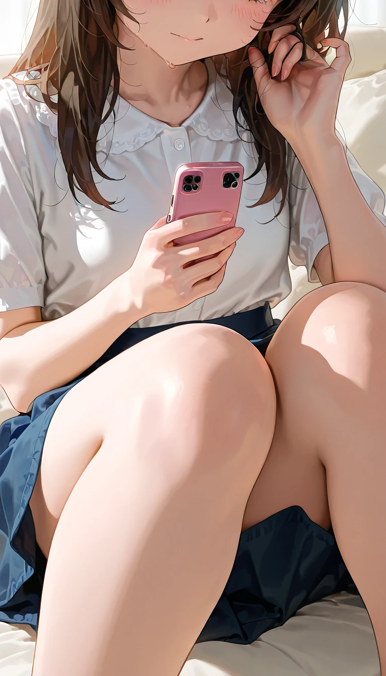 (masterpiece, highest quality), 1girl, taking a selfie on her panties, open crotch, camell toe, mini skirt, showing off panties, shy look, crotch focus, sitting facing the mirror, knees up, open legs,