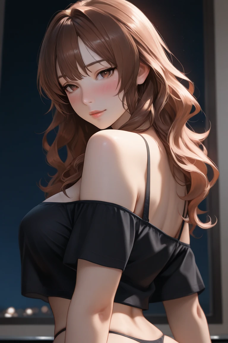 masterpiece, best quality, (bracelet:1.000), (short brown ponytail:0.987), (brown eyes:0.976), (solo:0.953), off shoulder tank top, big panties, ass cheeks, cute face, short brown ponytail, big high butt, seductive shy pose, front view