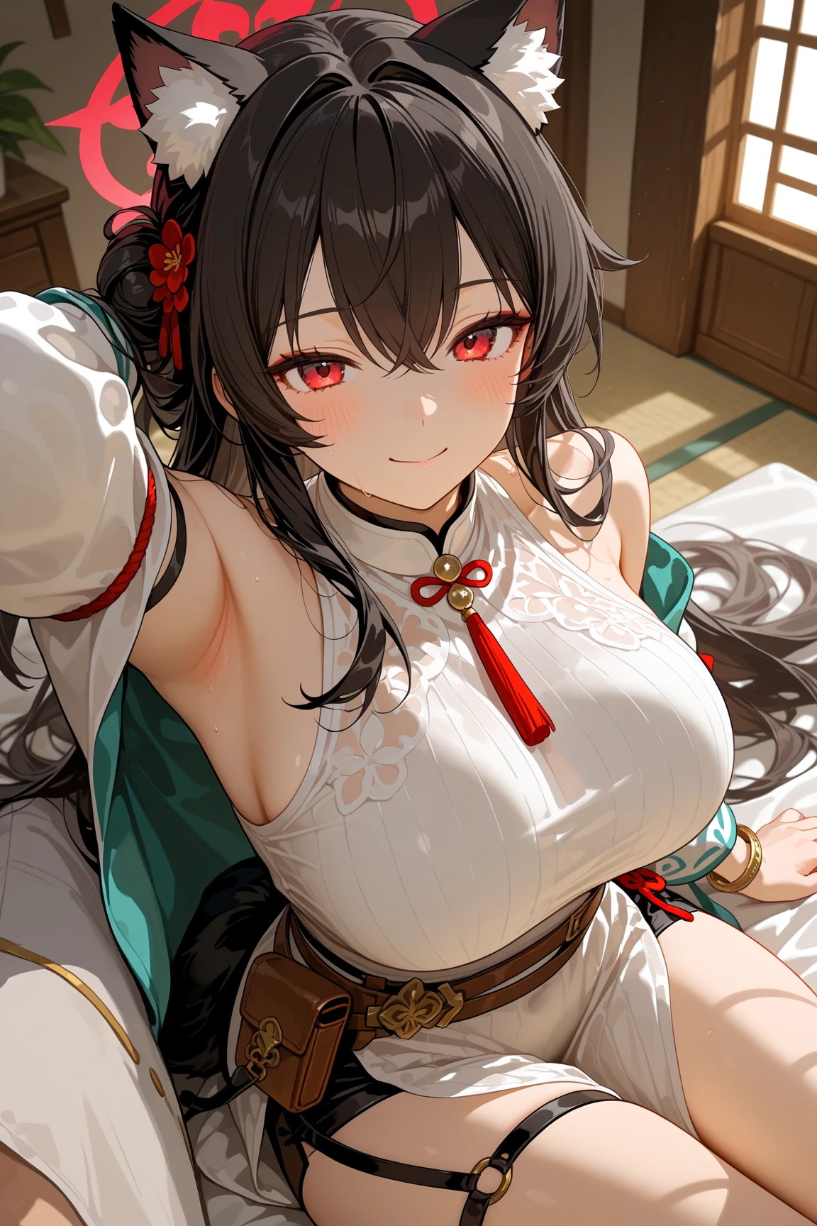kimono abierto, pecho abierto, pechos grandes, sonrisa, mesa, alta calidad,Sit with your legs open,erotic lower body