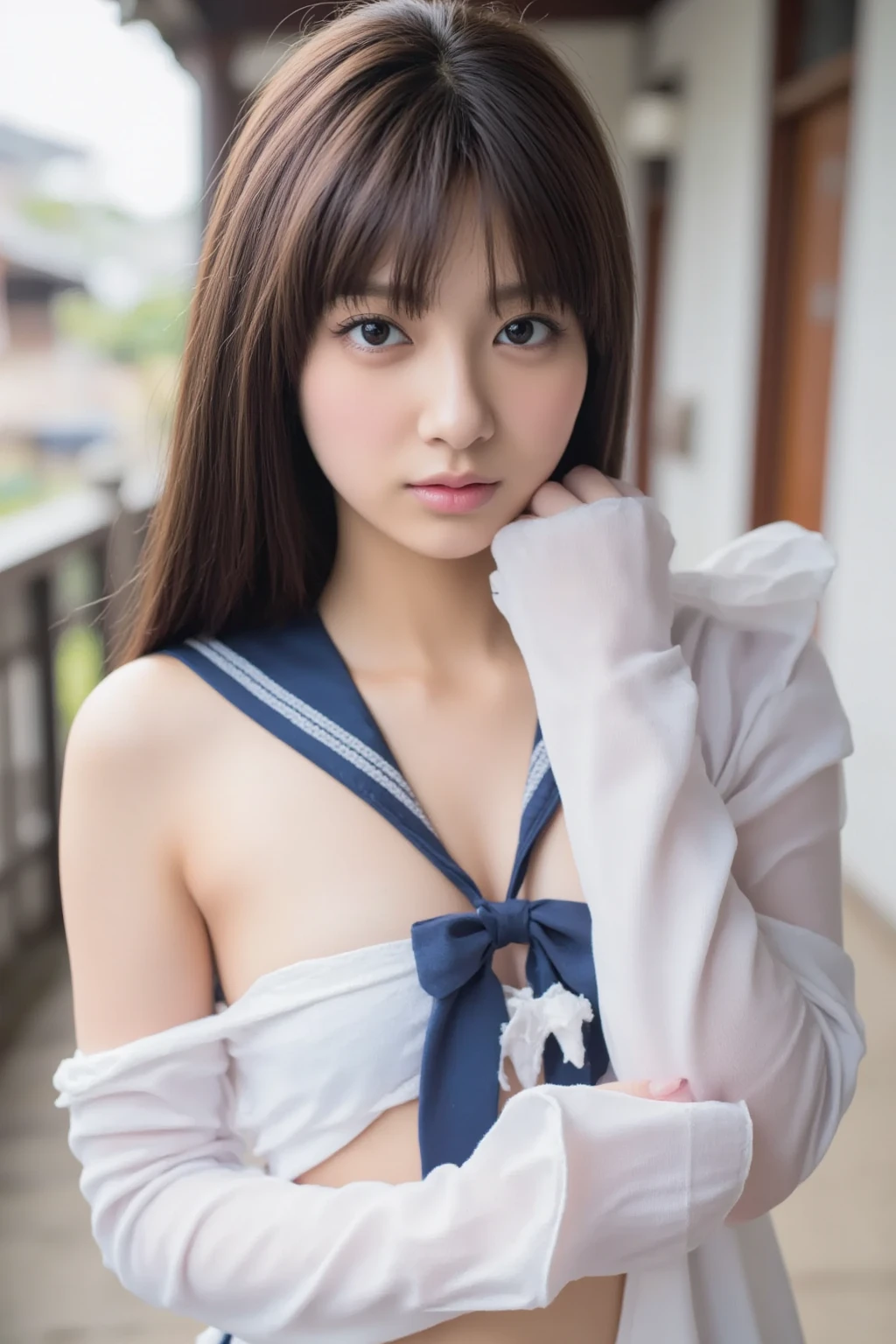 (One Girl), ((Very cute face)), Great face and eyes, (Highly detailed eyes, Highly detailed face), Fresh, Very beautiful appearance, (Ultra-realistic, High resolution), (highest quality:1.4), RAW Photos, (Realistic, Realistic:1.37), Professional photography , (Wet and see-through sailor uniform:1.1) , Smile a little, (look at me) , Portrait of a Girl , (gigantic breasts:1.5) , ((())) , ((junior high school student)), (light brown short hair:0.9) , (wavy hair:1.3) , (Nipples visible through sailor uniform:1.3) , (Please tilt your head a little) , Perfect nipples , ((Nipples are light pink )) , ((light pink areola)) , (sweating cleavage:1.2) , (cum on her breasts ) , (small nipples) , (upper body) , (lying down on the bed:1.3) , (young face:1.3) , (little girl:your back:1.4) , (young face:1.3) , (bare breasts:1.5) , (naked:1.3) , (bondage:1.5) , (bind:1.3) , light smile