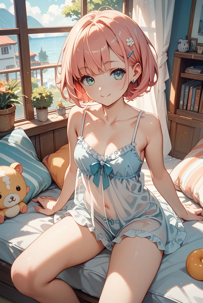 Highest quality、beautiful girl, (high school girl)、16 years old, 8k、RAW Photos、（skin：1.2）、Ultra-high resolution、（lens：50mm）、（debt/1.2）、Beautiful debtace, ((Hair gets wet)), light makeup, Slender body, (Mid-chest, Beautiful bodyのライン), （Big round eyes：1.2）、（Droopy eyes：1.3）、(Delicate eyelashes), （Embarrassed face：1. 2), (Red cheeks, ), Looking into the camera, (Close your lips)), 16 years old, Medium Hair, Brown eyes, beautiful girl, 16 years old, Very beautiful girl, White camisole, (Race, Beautiful body),White underwear, White knee-high socks, Beautiful body lines, Shallow depth of field, White wall, Bright windowsill, (Outside the window is the garden), 