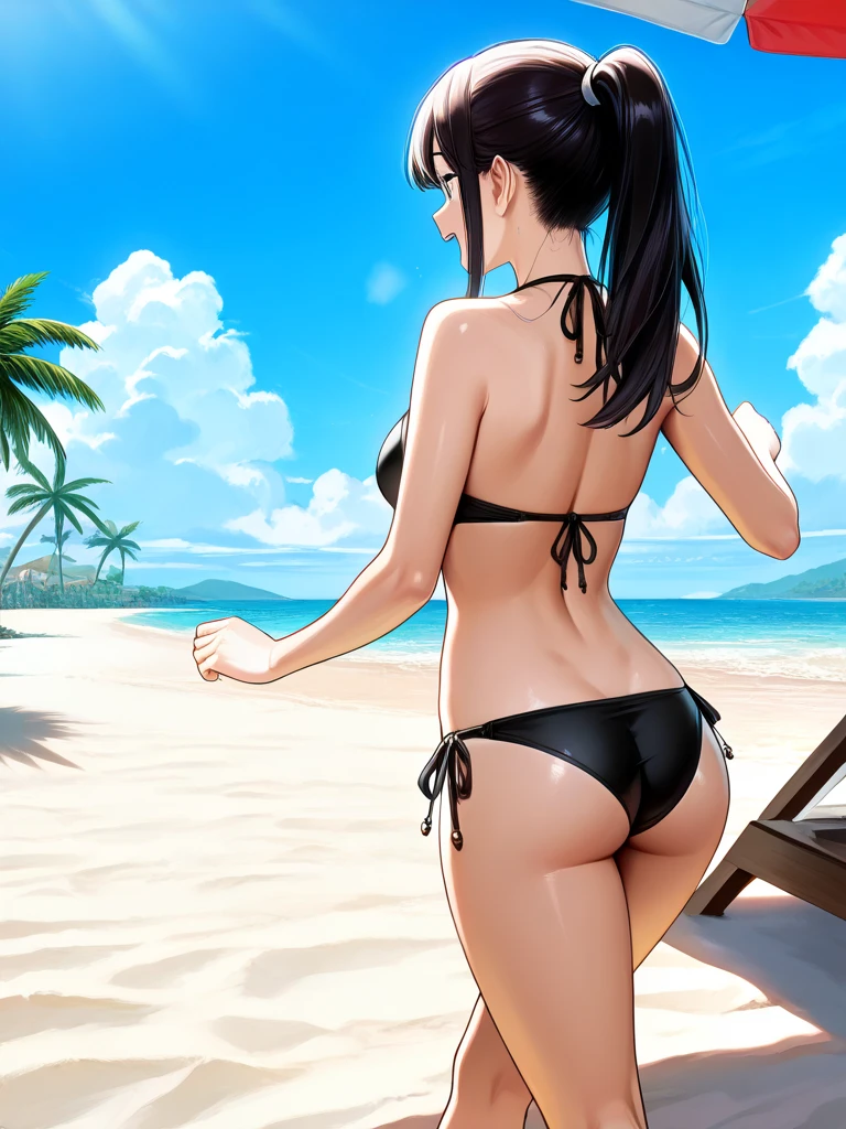 ((Best Quality)), ((masterpiece)), ( very detailed), 1 girl, with a blue bikini,big breasts, landscape of a beach and palm trees, ((with hands on their buttocks)), ((Whole body)),((view from behind))