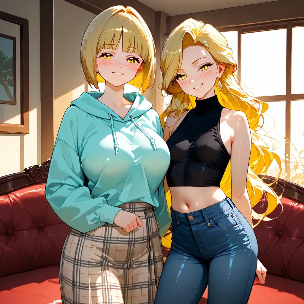 best quality, (solo:1.2), masterpiece),(ultra-detailed), (high quality), (high resolution), ((2heads:1.5)), best quality:1.5, highres, UHD, 16K), two headed woman, smiling, highres, masterpiece, blonde hair with fringe and bangs, toned body, green crop top, skinny jeans, exposed midriff, perfect makeup, busty, soft skin,