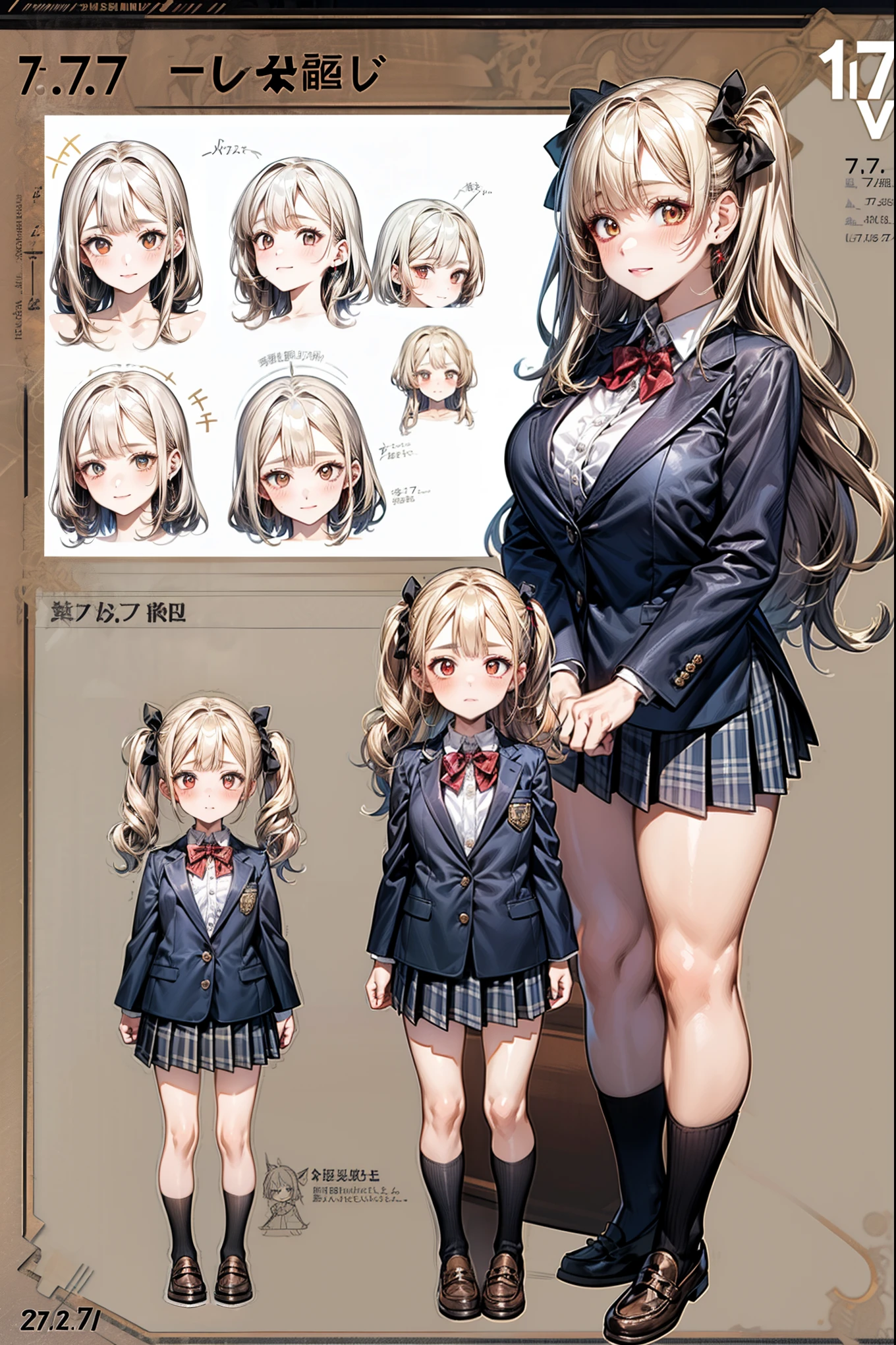 girl, alone, whole body, From head to toe, Are standing, (Huge_chest:1.3),
Character design sheet, Character Reference Sheet, 設計図のSchematic, Drafting, Blueprint, Schematic,
((Character design sheet:1.7, Character Reference Sheet:1.7,)),
anime/cartoon character wearing a girls , 1girl, alone, Thigh-high socks, red bow tie, black plaid pleated mini skirt, long sleeve black blazer, (middle hair, one side up, long sidelocks, copper tone hair), blunt bangs, light brown eyes, big eyes, long eye lasher, (medium breasts, narrow west, seductive thighs, camel toe, large ass), glamorous, skin dentation, babyface, cute face:1.2, tiny, curvy, , shoes, loafers, ,