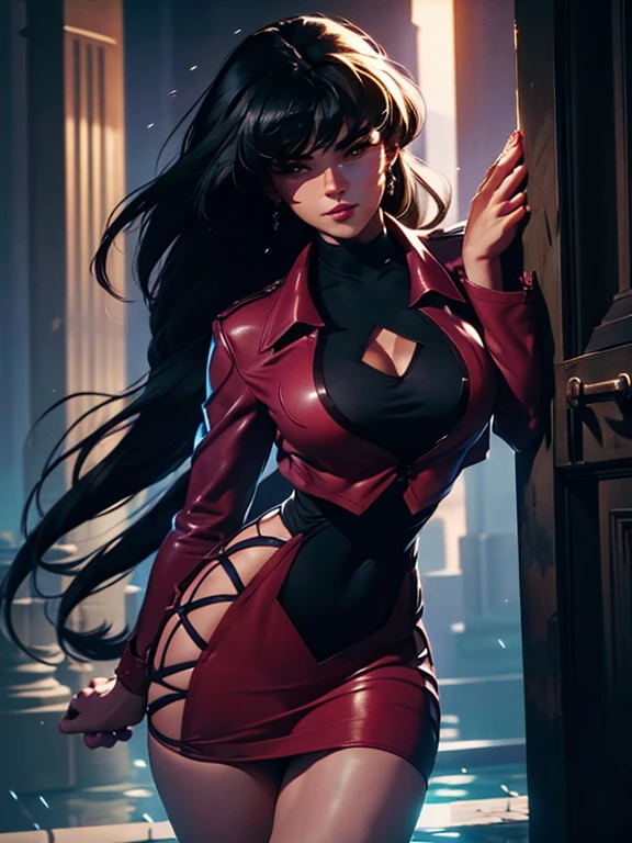 couple, beautiful, vampire, handsome man, girl with brunette very long hair, man with brunette short hair, red eyes, girl wearing a sexy red and black dress, man in sexy suit, ultrasharp, looking at the viewer, ((best quality)), ((masterpiece)), (detailed), perfect face, girl big breast, sexy body, sexy man besides her, hugged,