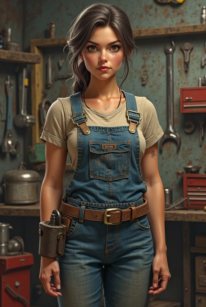 (masterpiece, best quality:1.4), photo, hd, selfie, beautiful metalworker in her workshop, dirty work clothes, dungarees, workbench, shelves, old workshop, watching viewer, grin, analog film, magazine cover photo,