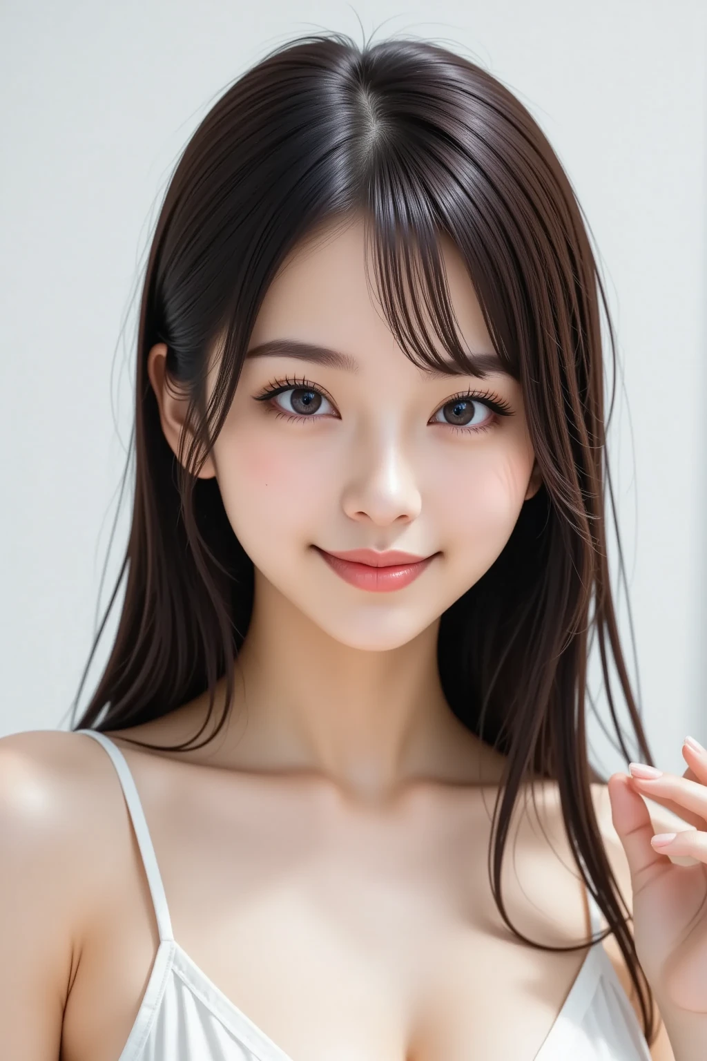Best Quality, masutepiece, 超A high resolution, (Photorealistic:1.4), Face Up、macro raw photo, 1girl in, kーpop idol, Long, Indoor, 、Detailed eyes,(realisticeyes),delicated face,realskin,detailed hairs,Detailed skin,Beautiful face,((Smiling))、I'm showing my teeth and smiling、Happy smile、
