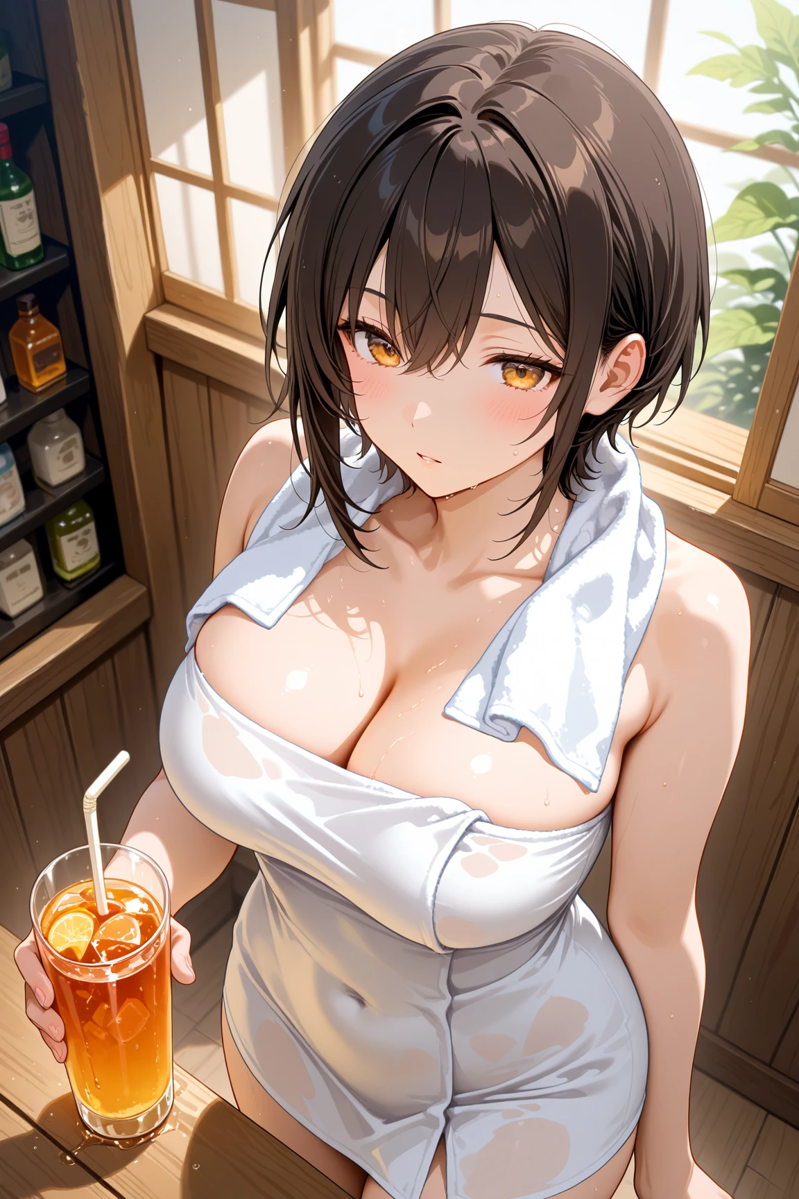 anime colored, 8K、An ultra-high picture quality、Best Quality、Realistic Woman、A smile、Japanese face、18-year-old girl、(curvy woman:1.2)、a navel、black hair、short hair、black eye、gigantic breasts、walking pige-toad、(white bikini, side-tie bikini:1.5), (looking straight:1.8)、arms behind back、 (greaming skin:1.4)、(in_the_pub:1.8), BREAK nsfw,