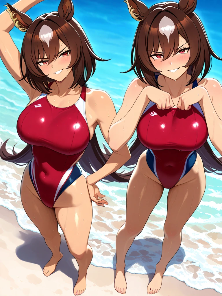 Hairy fox beast mother , Round face , (Tilt your face:1.1) , (Wink:1.2) , Moist, round eyes , Swollen cheeks , Estrus , Dark Hair , motherly smile , Glossy Lips , (nude) , (Body paint on tight fitting one piece swimsuit:1.2) , Sunny seaside , With the surprised beastmen