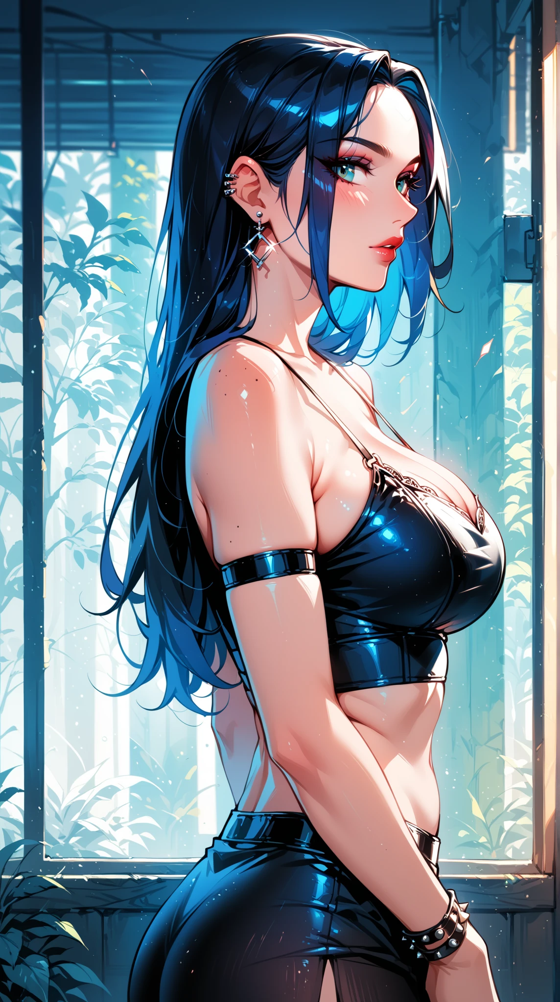 1girl, blue hair, horns, multicolored eyes, glowing, blue eye, purple eye, bare shoulders, demon eyes, magic circle, light particles, light rays, wallpaper,