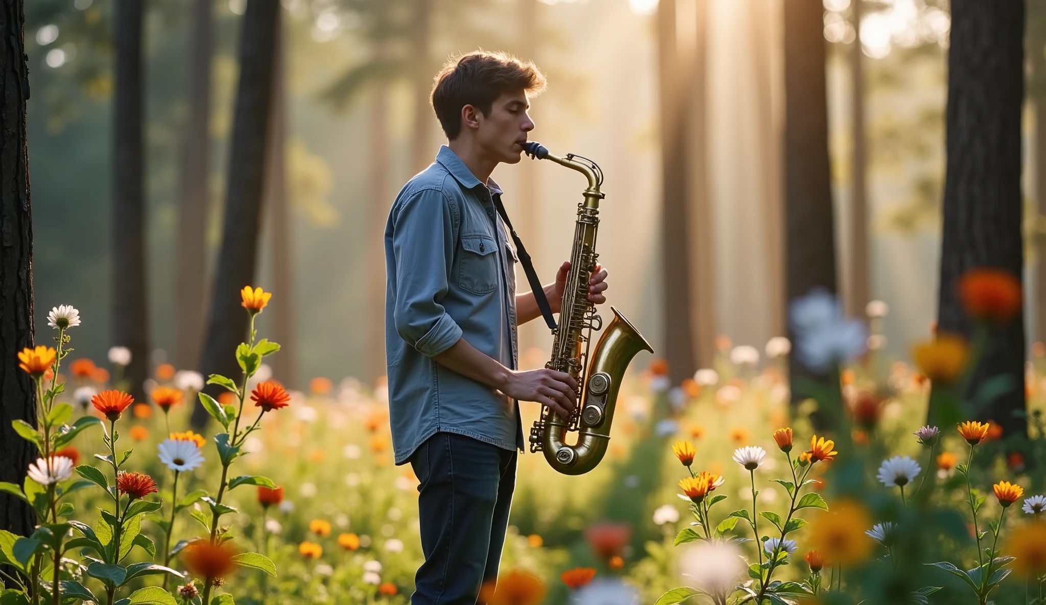 Ultra-realistic, 4k image of a young musician playing the Saxophone, in a forest, he is in the center of the image and surrounded by tall trees and small sturdy trees with beautiful and colorful flowers