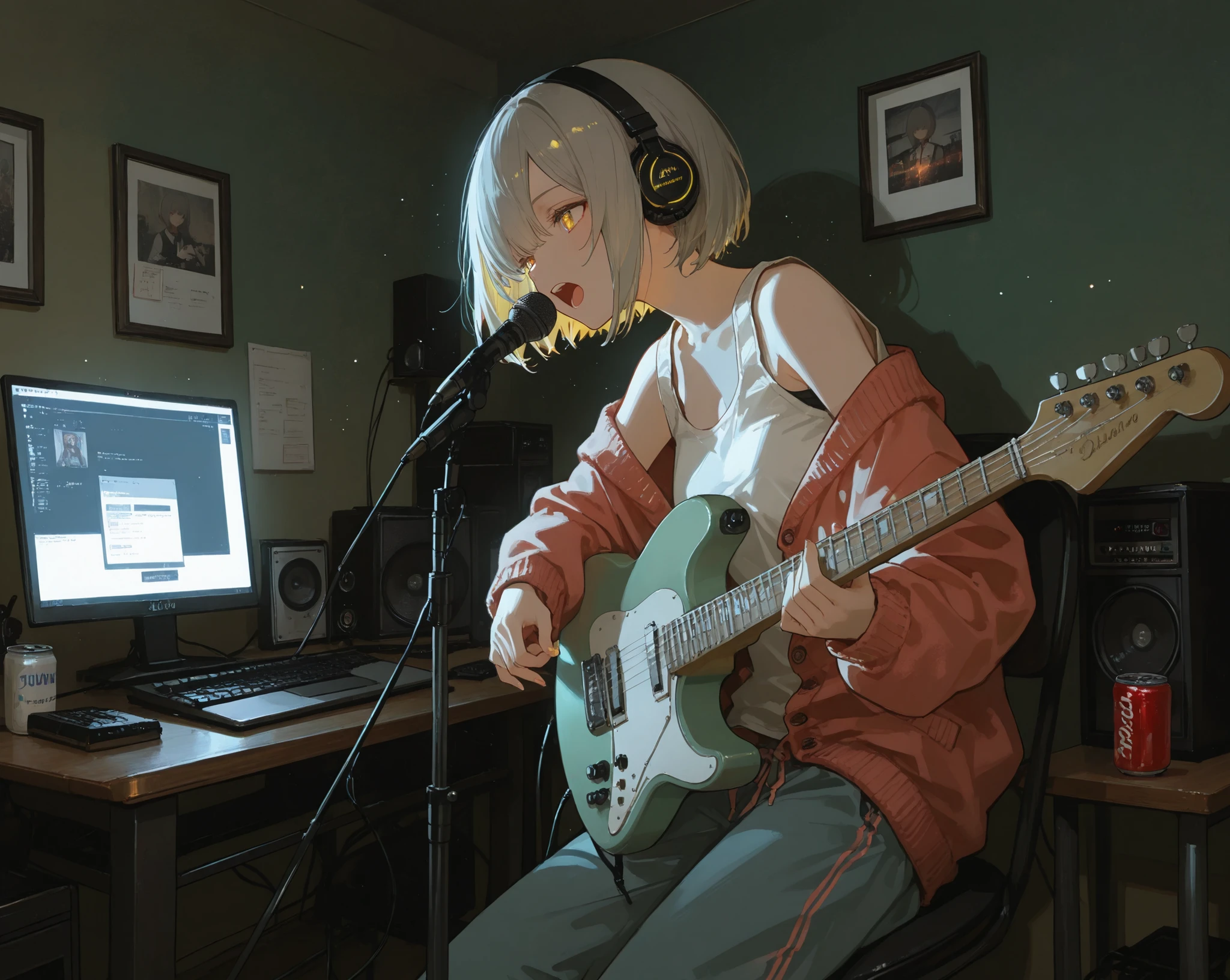 mouth, 1 girl, alone, in a messy room, guitar, 