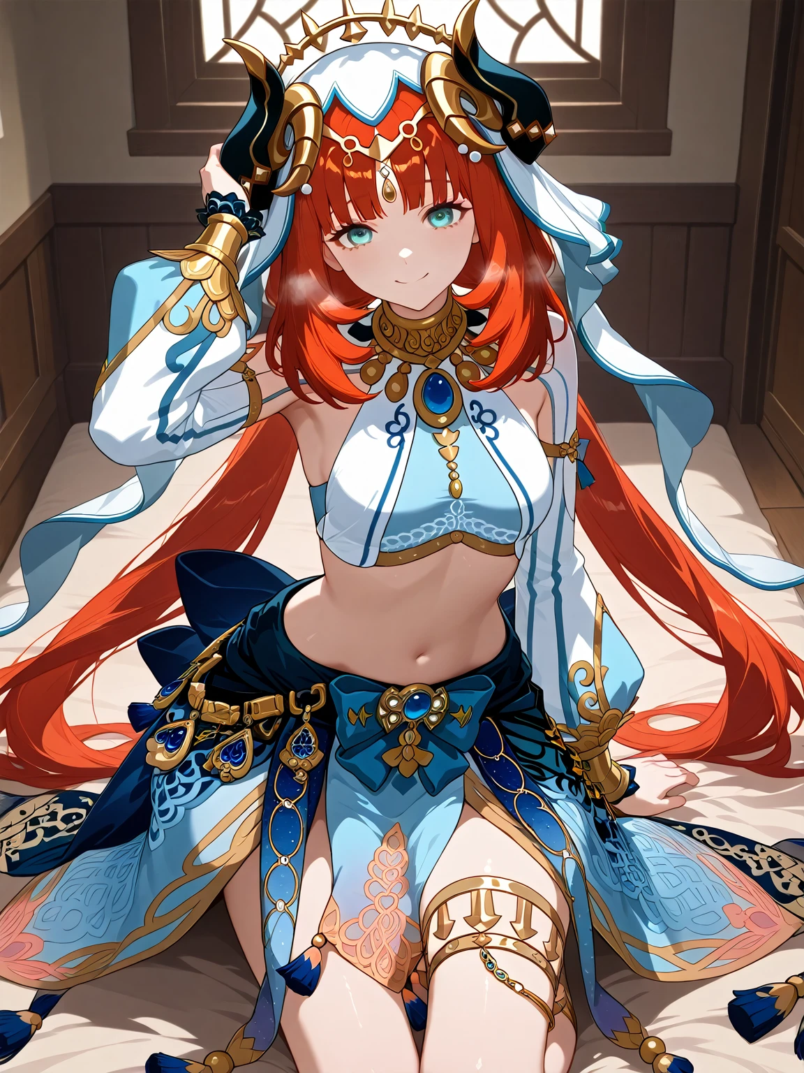 high quality,4K resolution,Very detailed,Realistic,professional,High Dynamic Range,Extreme Details,Private house,Babyface,Blow jobチオ,Blow job,Grab your head,Beautiful Eyes,aanilou, long hair, red hair, low twintails, horns, white veil, aqua eyes, medium breasts, harem outfit, gold trim, jewelry, neck ring, brooch, crop top, long sleeves, detached sleeves, midriff, blue bow, blue skirt, thighlet,anime screenshot,solo,1girl,looking at viewer,smile,faithfully reproduce clothes,E cup,climax,Open your eyes,Red face,I'm ashamed,rough breathing,Erotic,Panting,Uncorrected