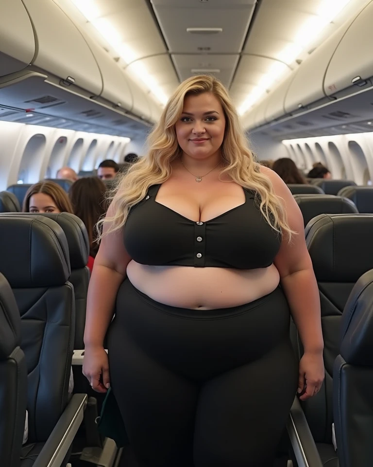 1girl, photorealistic, realistic, photo of a Czech woman, (((sexy chubby))), (chubby), (ugly face:1.1), middle age, blonde hair, long hair, a 45-year-old woman, body of 45-year-old woman, wrinkles on her face and body, (((cleavage))), (((She is standing seductively on the departure area of the airport, a woman awaits her journey with a mix of anticipation and perhaps a hint of nostalgia. Surrounded by bustling travelers and the hum of announcements, she might be checking her boarding pass, adjusting her luggage, or simply taking a moment to absorb the atmosphere of imminent adventure or reunion. Her expression could reveal a range of emotions from excitement to contemplation, reflecting the unique blend of emotions that airports often evoke))), (((she is wearing a hot pink crop top pullover that hugs your curves and keeps you cozy yet stylish. The cropped style adds a modern flair, perfect for warm weather. Paired with sleek and fitting tight cycling shorts in a complementary shade, like black or gray, to balance the boldness of the top. The shorts emphasize your silhouette and are ideal for a day filled with activities.))), she is looking at the camera smiling, (((dynamic pose)))