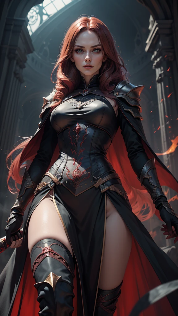 score_9, score_8_up, score_7_up, source_anime, source_explicit, Imposing and intimidating human female warrior with long red hair, dark armor and a sinister appearance like that of a villain. She is very attractive and alluring, but is in the service of an evil force. hyper detailed, gothic art, trending on artstation,intricate details, ultra detailed,, ultra detailed clothes, epic masterpiece, ultra detailed, intricate details, award winning, fantasy art concept masterpiece, trending on Artstation, digital art, unreal engine, 8k, ultra HD, centered image