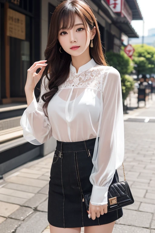 High resolution, high resolution, Attention to detail, masterpiece, Rough skin, Anatomically correct, sharp, Gray background ((Japanese Mature, 30 years old)), alone, ((Facial wrinkles)), Shapely large breasts, Straight light brown hair reaching to the shoulders, Chubby body type, (((Stand upright, Facing the center of the screen.))), Staring straight ahead with an open mouth and a tired face, Transparent white lace collared blouse for summer, Transparent white skirt for summer, Full body photo
