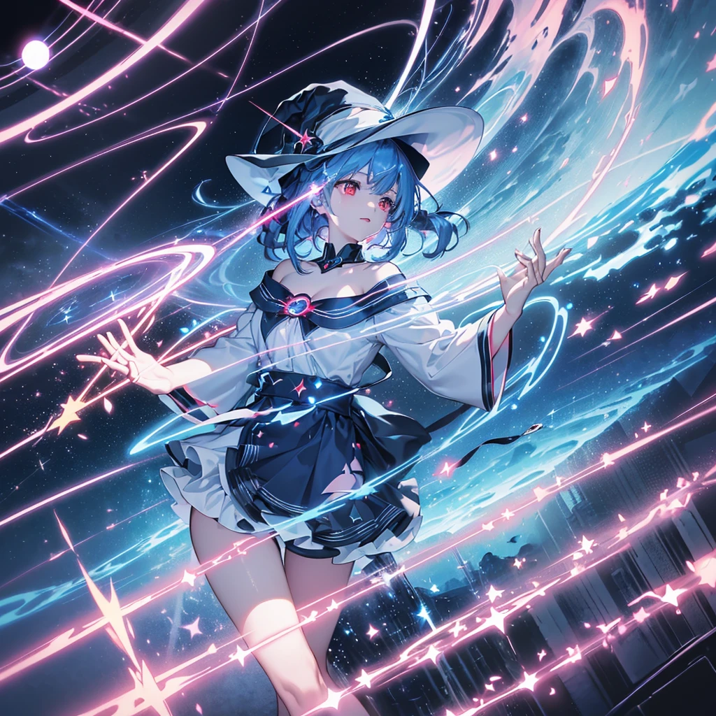 ((Blue Hair　magic circle　Witch Hat　Red eyes))　((thunder　Blitz　thunderの杖　starのペンダント　electricity　lightning))　(Magic Robe　shine　star　Streaks of Light　Black Hole)　moon　彗star　incantation　Runes　cool