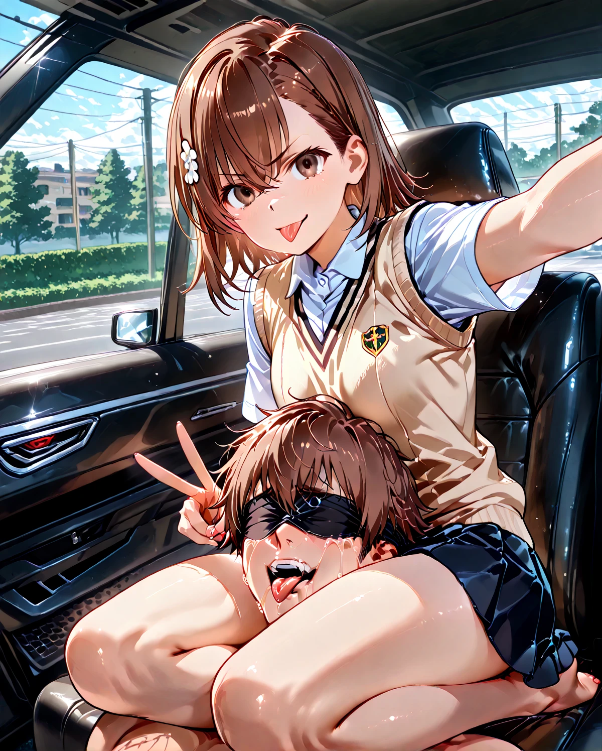 In the car,Lying on your back,,1 Girl, Red eyes, Twin tails, brown hair,crawling,naked, bangs, eyebrows visible through hair, Flat Chest,Cover your mouth with a white cloth,Limb restraints,Put your hands behind your back,tears,vapor,(adult toy in pussy),