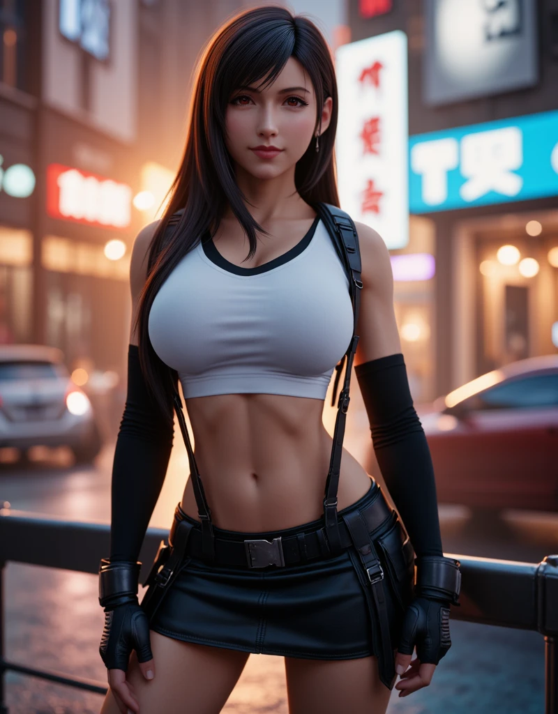(masterpiece, best quality:1.4), (future days), (from above:1), (1girl:1.2), (solo), (red iris:1.5), (european youth:1), defTifa, white crop top, elbow pad, fingerless gloves, suspenders, pencil skirt, black socks, red boots, full body, medium breast, looking at viewer, sexy smile, futuristic city at night, beautiful face, highly detailed face, highly detailed eyes, highly detailed skin, skin pores, subsurface scattering, realistic pupils, medium breast, full face blush, full lips, detailed background, sfw, depth of field, volumetric lighting, sharp focus, absurdres, realistic proportions, good anatomy, (realistic, hyperrealistic:1.4), 16k hdr,