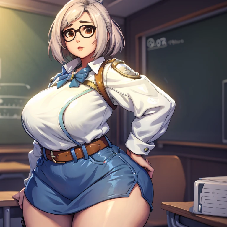 1 girl with short white hair, glasses, beautiful face, cute face, horny look, big boobs, wearing white shirt and pleated black skirt with black pantyhose, standing with legs apart, hands on her hips, view from below, store backgound, ultra high resolution, crispy clear image, masterpiece,