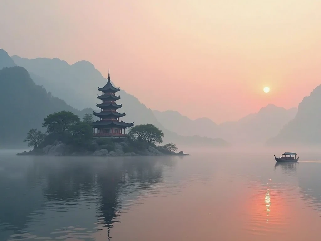 Fairy-filled，Heavenly Palace，Baiyun，Towering Nantianmen，2 egrets flying over，The sun rises，1 large peach tree，1 big palace，hazy feeling，white smoke，Fall，