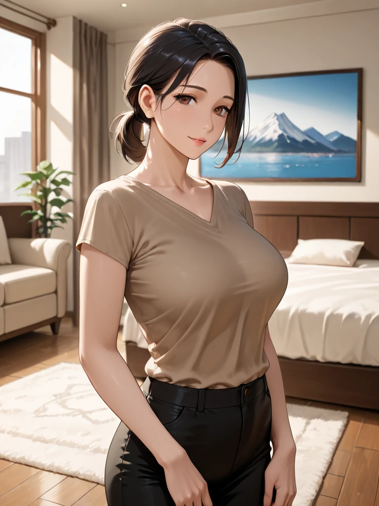 detailed,3D render,round face,short,chubby,short hair,hime cut,brown hair,dark-skinned female,wink,large breasts,blouse,elf ears,Full body shot,nsfw
