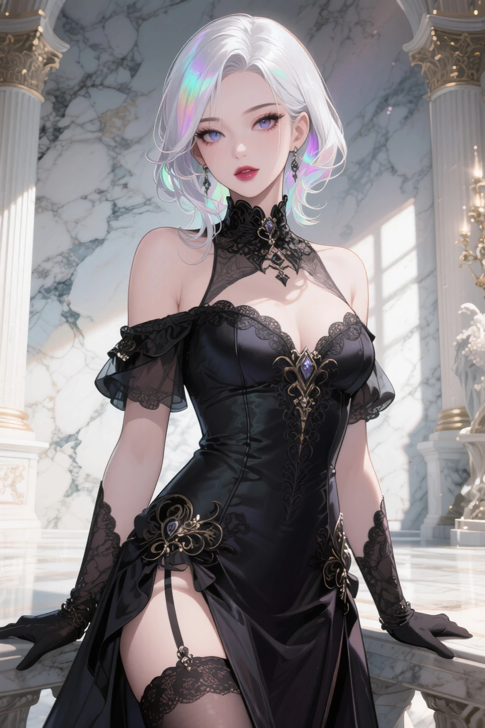 Cute Girl, cowboy shot,(dark atmosphere,Goethe fashion,bright colors),(best quality,Super exquisite,),Sexy goth elf girl,rose garden at night,beautiful and delicate eyes,Blue tip black straight ponytail,Crow feathers,red lipstick,mysterious smile,Pale complexion,fishnet stockings,black lace dress,Pointed-toe boots,mysterious aura,The moonlight reflects her elegant silhouette,Soft shadows and soft highlights,Contrasting colors create a vibrant atmosphere,Dark and moody color palette,Subtle yet dramatic lighting effects,Sublime darkness intertwined with exquisite moonlight