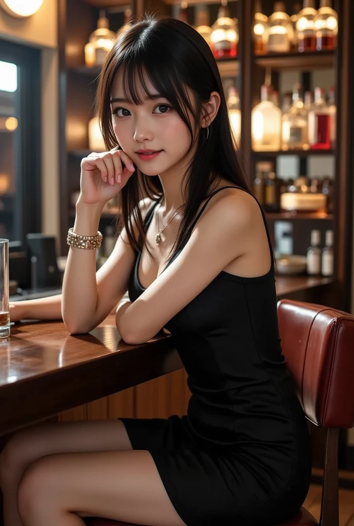 Similar to Japanese actress Kyoko Fukada A girl in a mini tight skirt crossing her legs at a cafe Long hair and earrings、Leaning forward with elbows on the ground