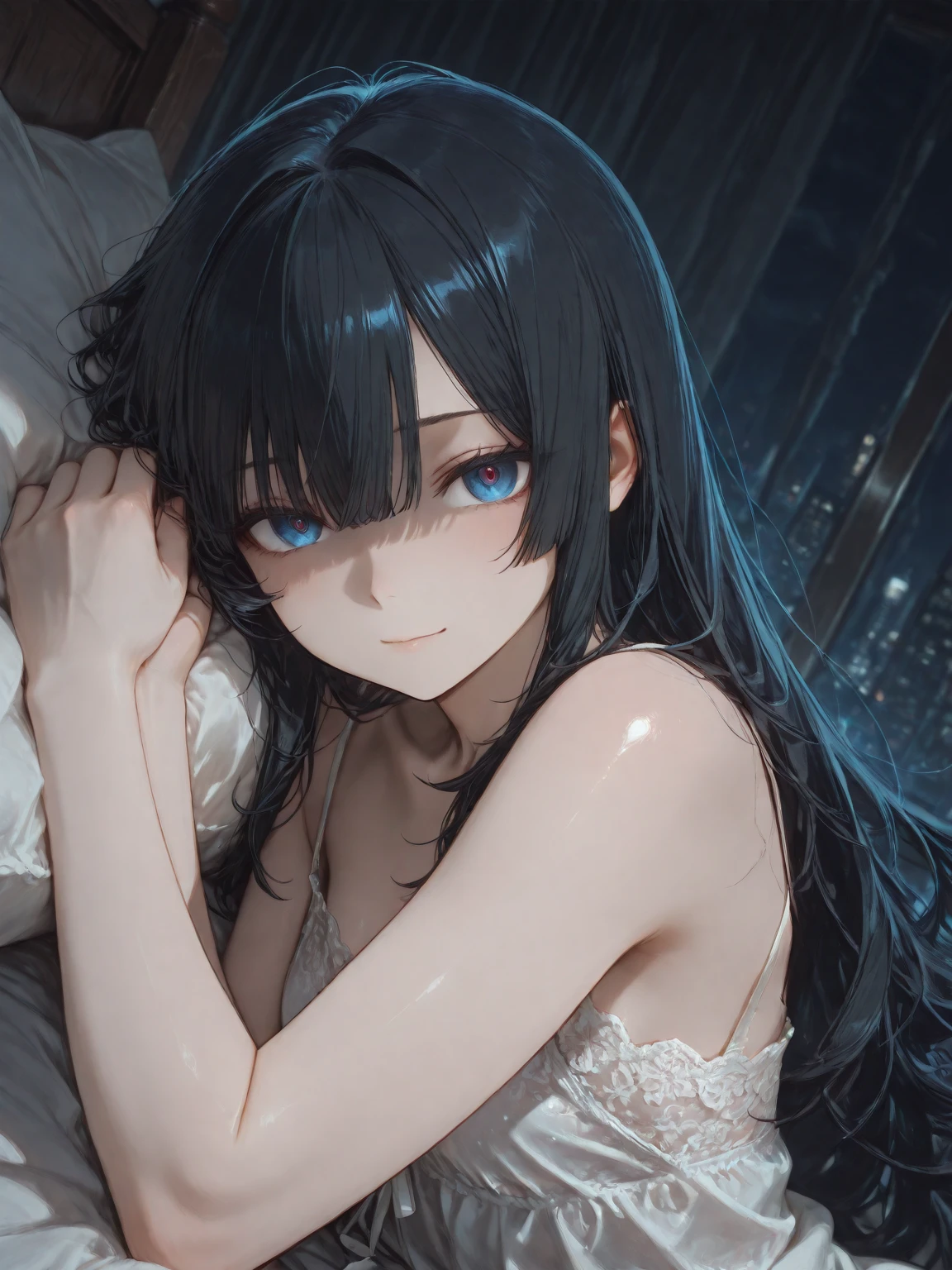 Telegraph slang,(children),(masterpiece,best quality),dark blue ,black hair,black underwear on bed