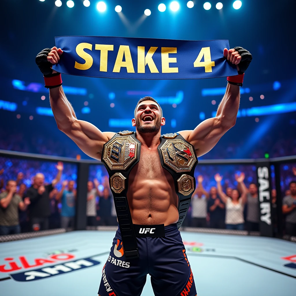 In the UFC ring, a man is kissing a trophy.
