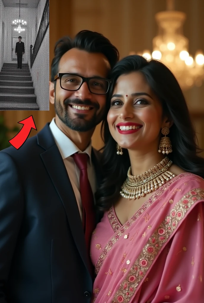 A romantic photo of a pretty woman and an Iranian man without a beard or mustache in a room of a house with a picture of Allah on the wall