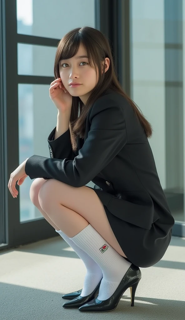 (Surreal), (Awareness-raising), (High resolution), (8k), (Very detailed), (The best Awareness-raisingns), (Beautiful and fine details), (Highest quality), (Ultra-detailed), (masterpiece), (wallpaper), (Detailed face), Droopy eyes,Sweaty, whole body, whole body, Long legs,Underarm,short hair,Colored inside,alone, Large Breasts, Cleavage, Japanese, huge 、Laughter, Wearing a grey blazer, Grey short skirt, Office Uniforms, Neon-lit street, legs apart、 True Face、 sit、 I can see her panties、