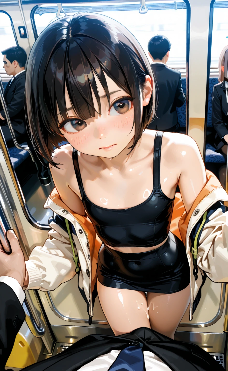 masterpiece, best quality, girls, , (petite), ponytail, cowboy shot,
 orgasm, heart shaped pupils, open mouth, standing, nude, small breasts, nipples, bottomless, pussy, (school gym:1), break, girls surrounded by many boys, boys is looking this way surrounded by photographers,