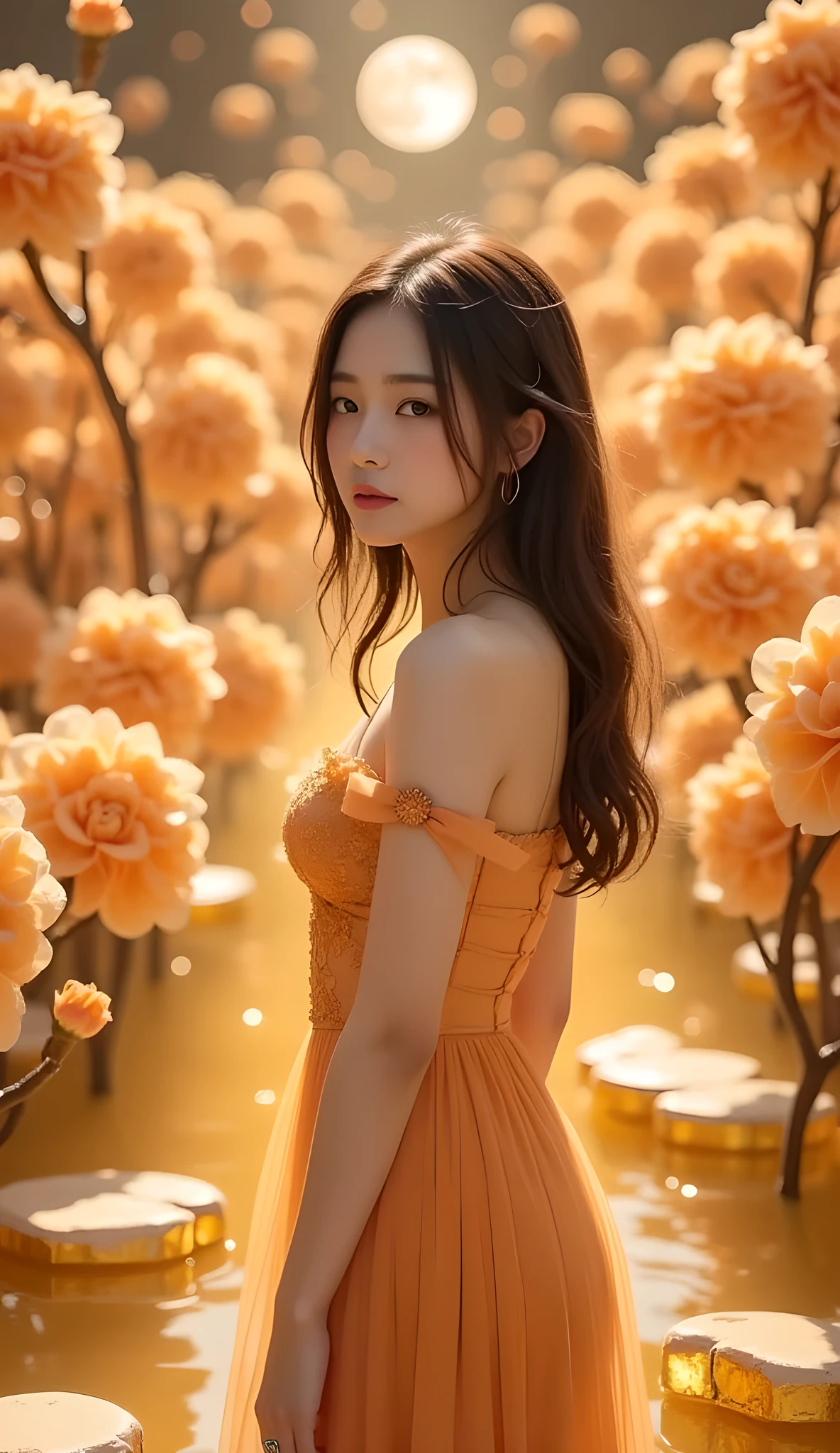 An eternal garden of golden apricot blossoms, petals frozen mid-air like drops of amber light. The sky is liquid gold, shattered mirrors on the ground reflect floating moons. Surrealism, ethereal lighting, hyper-detailed, by Remedios Varo and Salvador Dalí, 8K. (real photo effect: 1.2), (Best quality, masterpiece, high resolution) 1 woman, beautiful Asian, surreal, elegant, gorgeous, full body view, using natural color and light, cinematic light, natural big breasts, with the most suitable hairstyle to enhance her appearance, detailed realistic hair.