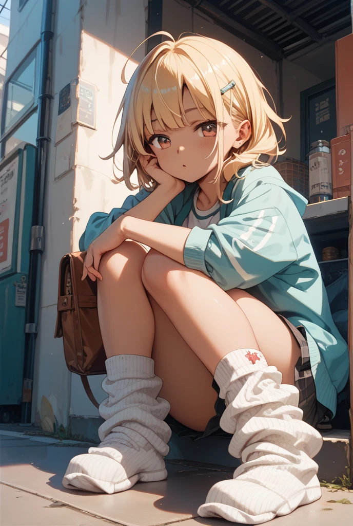 NY, (gradient hair, dutch angle:1.3), film grain, chromatic aberration, city, masterpiece, best quality, raw photo, photorealistic, absurdres, 1girl, cute, perspective, cowboy shot, highres, ultra detailed, detailed eyes and face, sharp pupils, realistic pupils, sharp focus, summer, night,  detailed full figure, beautiful socks, Socks above the knees, chance meeting, runaway from home