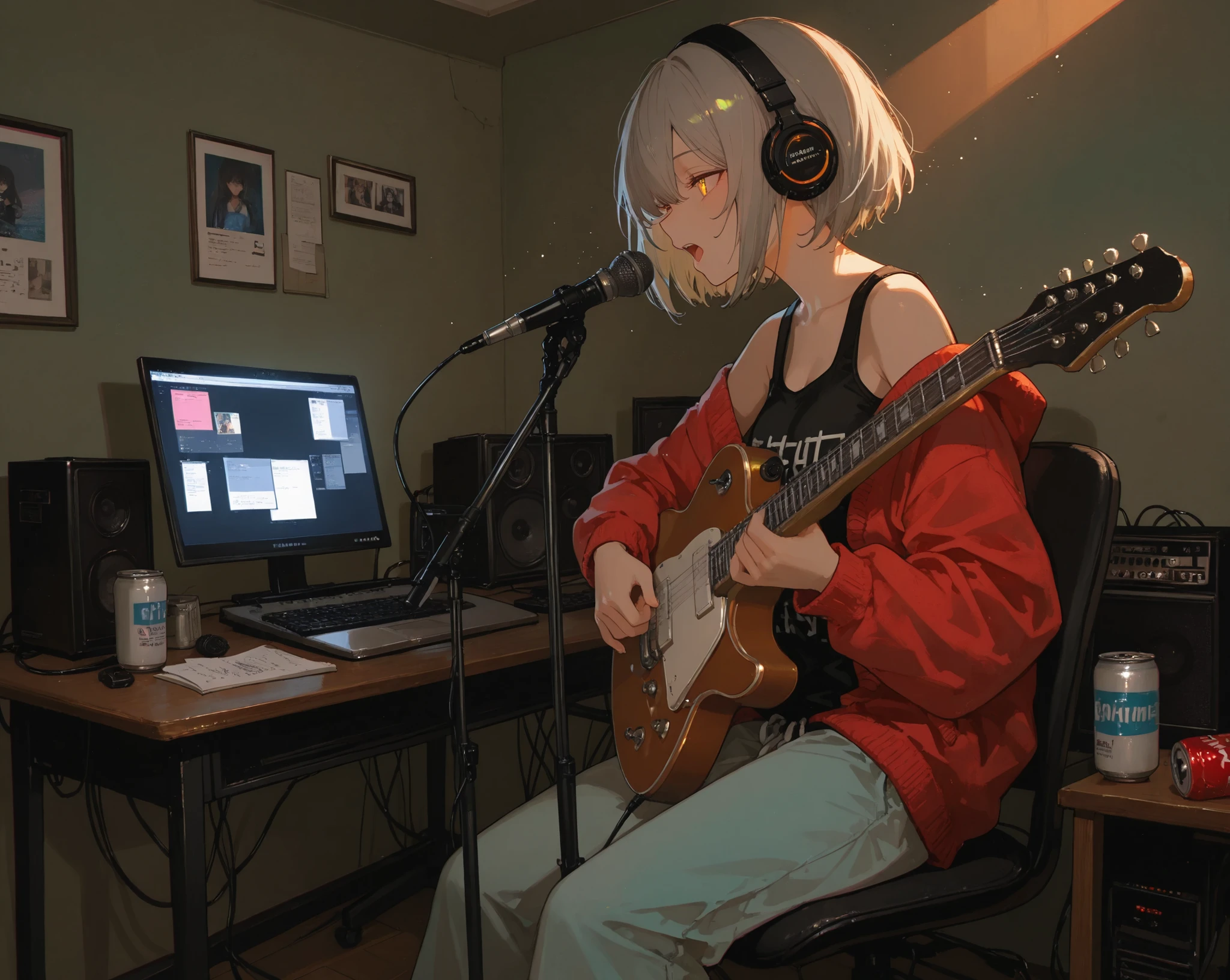 masterpiece. UHD, 16K, Highest Quality, highest resolution, Hyper detail, 1 woman, anime girl, grey hair, short cut, long side hairs, amber_eyes, Heron_Cardigan, tank top, pajama pants , audio, matted hair, focus on the other _Neon _ headset, girl playing guitar in front of girl, Electric guitar, The girl plays the guitar, microphone, microphone stand, Dual screen, 2_computer, 퍼스널 computer, Desk , Laptop , Speaker , indoor, night, computer 마우스, no halo, ((singing)), ((((singing_a_song)))), looking_at_the_screen, no halo
picture posters_on_the_wall, chalkboard, chat_box_in_the_screen, the screen is on air, note, soda can, one_snack bag, soundboard, black_wall
Surreal anime-style with soft outlines, faint outline, no black outline. Outlines blend into the background, with adaptive line color and realistic lighting influence on lines. Outlines are thin and responsive to local lighting. hard_light_screens, dense floating dust particles illuminated by screen light, thick ambient haze, light diffusion, volumetric scattering, atmospheric dust, visible light beams, cinematic glow, high particle density, soft backlight, shallow depth of field, dust particles visible in light shafts, glowing particles in air
Strong rim light with enhanced silhouette sensitivity. Stylized yet partially natural lighting. Intense radiant gradient around light sources, exaggerated glow dispersion, bright halos and vivid diffused lighting. Volumetric streaks and cinematic light wash around the character. Strong gradient glow around each lamp and noticeable light spill onto nearby surfaces., darken, ((deepshadow))
Pastel tone harmony, dreamy and artistic color palette. Slight chromatic aberration. Soft analog warmth and film-like texture. Gentle ambient lighting with subtle glow. no visible breath, warm air, room temperature environment, no cold atmosphere, no_smoke