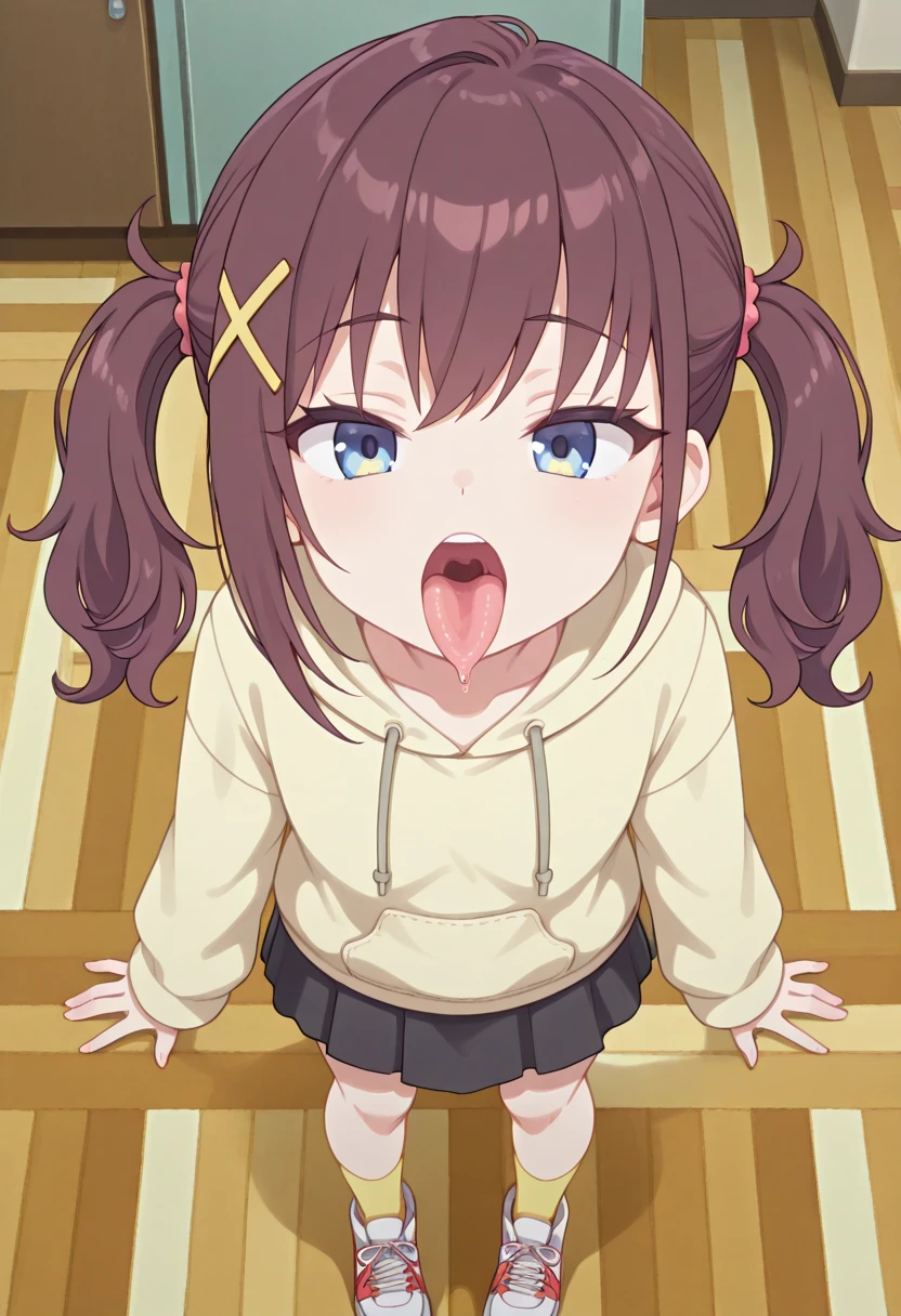a young girl (brown,pigtails,child), sitting in daycare, blush about sudden gigantic breast growth