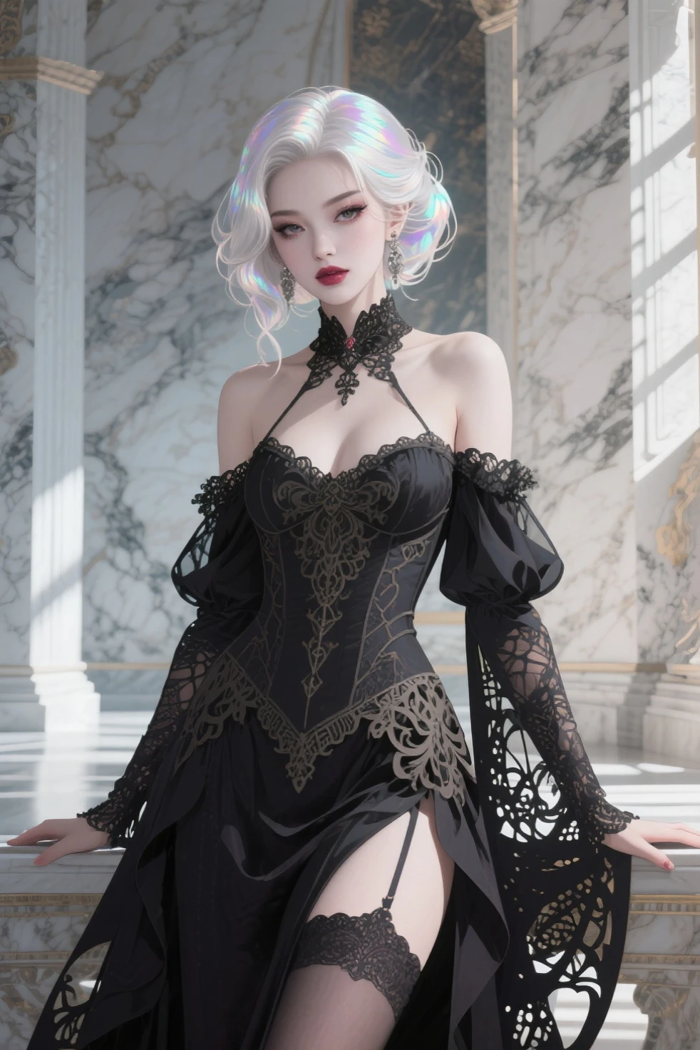 1girl, long sleeves, black dress, off shoulder, bare shoulders, long dress, (see-through), tulle dress,beautiful detailed eyes, beautiful detailed lips, extremely detailed eyes and face, long eyelashes, best quality, 4k, 8k, highres, masterpiece, ultra-detailed, realistic, photorealistic, photo-realistic, ethereal glow, regal elegance, intricate details, luxurious, otherworldly beauty, dark atmospheric background, supernatural aura,  elise,