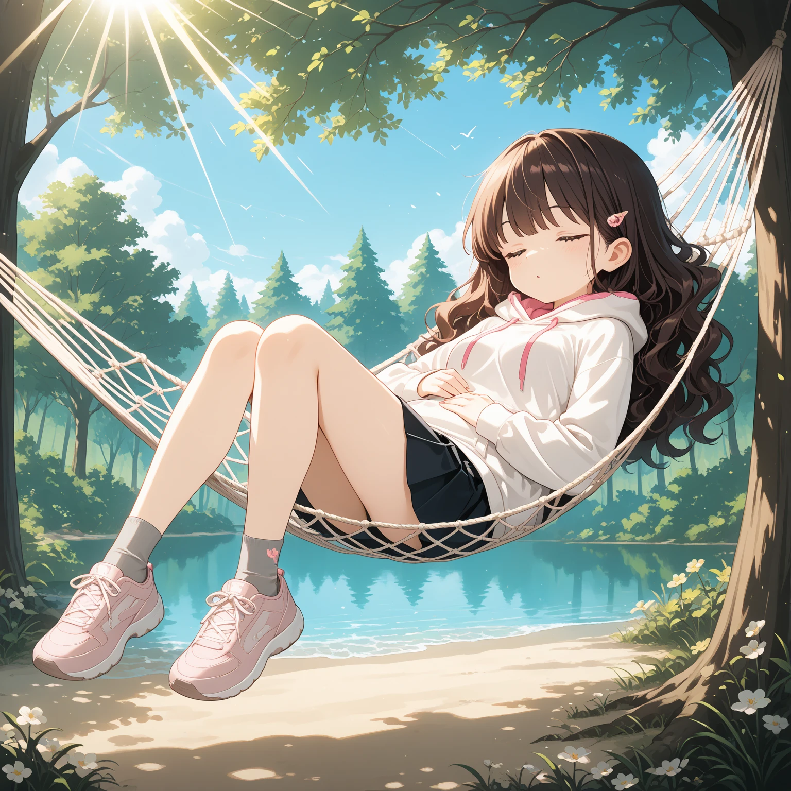 Masterpiece, highest quality, high resolution background, bright and beautiful atmosphere, 1 girl (2 years old, 1 short-tempered round face), 1 person (hair, surface effects), small breasts, sleeping in a hammock in a hammock between trees in a tropical country girl, sunglasses, dress, "deltamon_sdXL :0.73) >Deltamon"